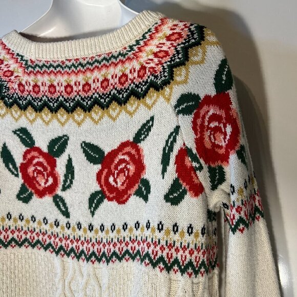 Mossimo SZS Vintage Ivory cable knit fair isle sweater Cottage Country Feminine - Picture 5 of 9